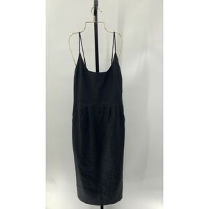 Quince Womens 100% European Linen Scoop Neck Midi Dress Black Basic Sleeved S